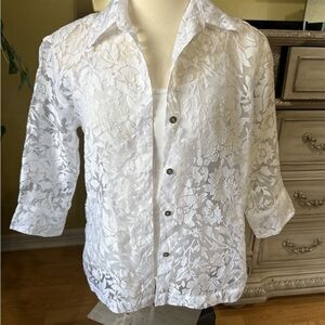 Notations White Sheer Floral Button Down Blouse Size S Lightweight